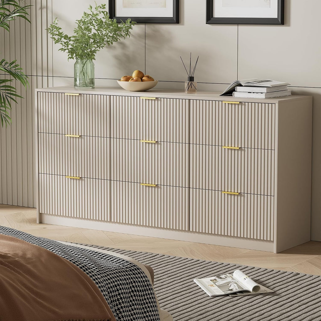 Furniway Beige Dresser for Bedroom, Modern Dresser with 9 Drawers and Smooth Slides, Wide Chest of Drawers with Golden Handles for Bedroom, Living Room, Closet, 15.7' D x 63' W x 31.5' H