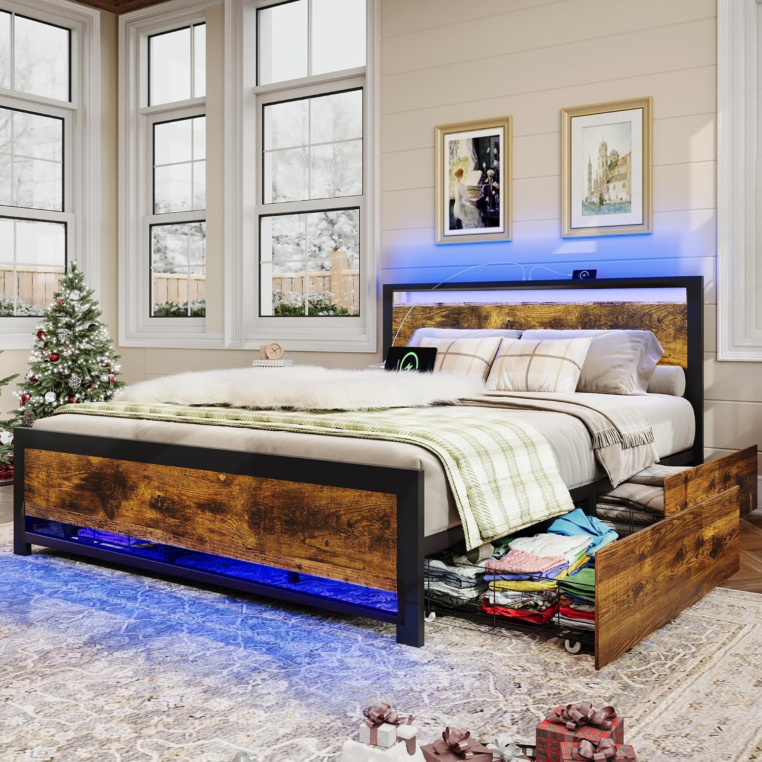 Ailisite Full Size Bed Frame with Storage and 4 Drawers, Rustic Bed Frame Full Size with Headboard and Charging Station and Led Lights, Wood Platform Bed Frame No Box Spring Needed, Noise Free, Brown