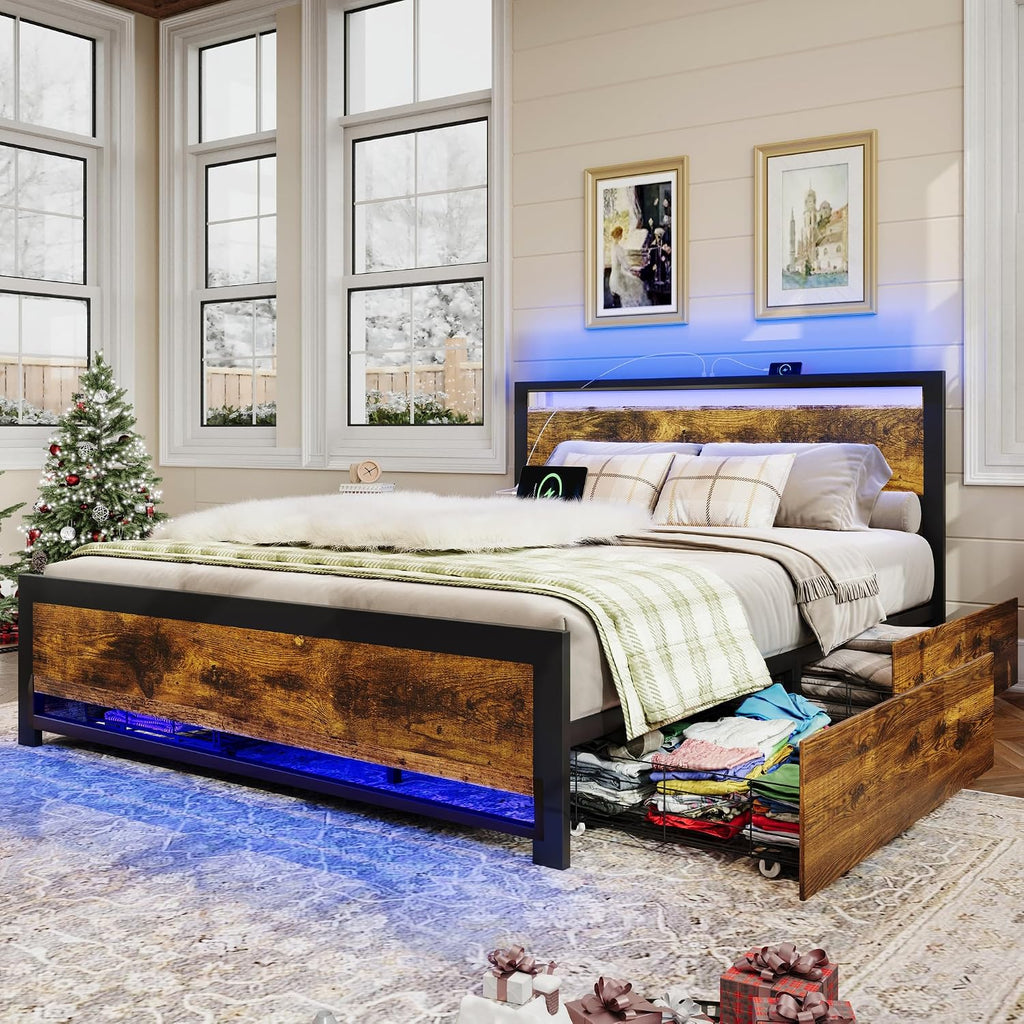 Ailisite King Size Bed Frame with 4 Storage Drawers, Rustic Farmhouse Wood Bed Frame with Headboard and Charging Station, Metal King Platform Bed with Led Lights, No Box Spring Needed, Noise Free