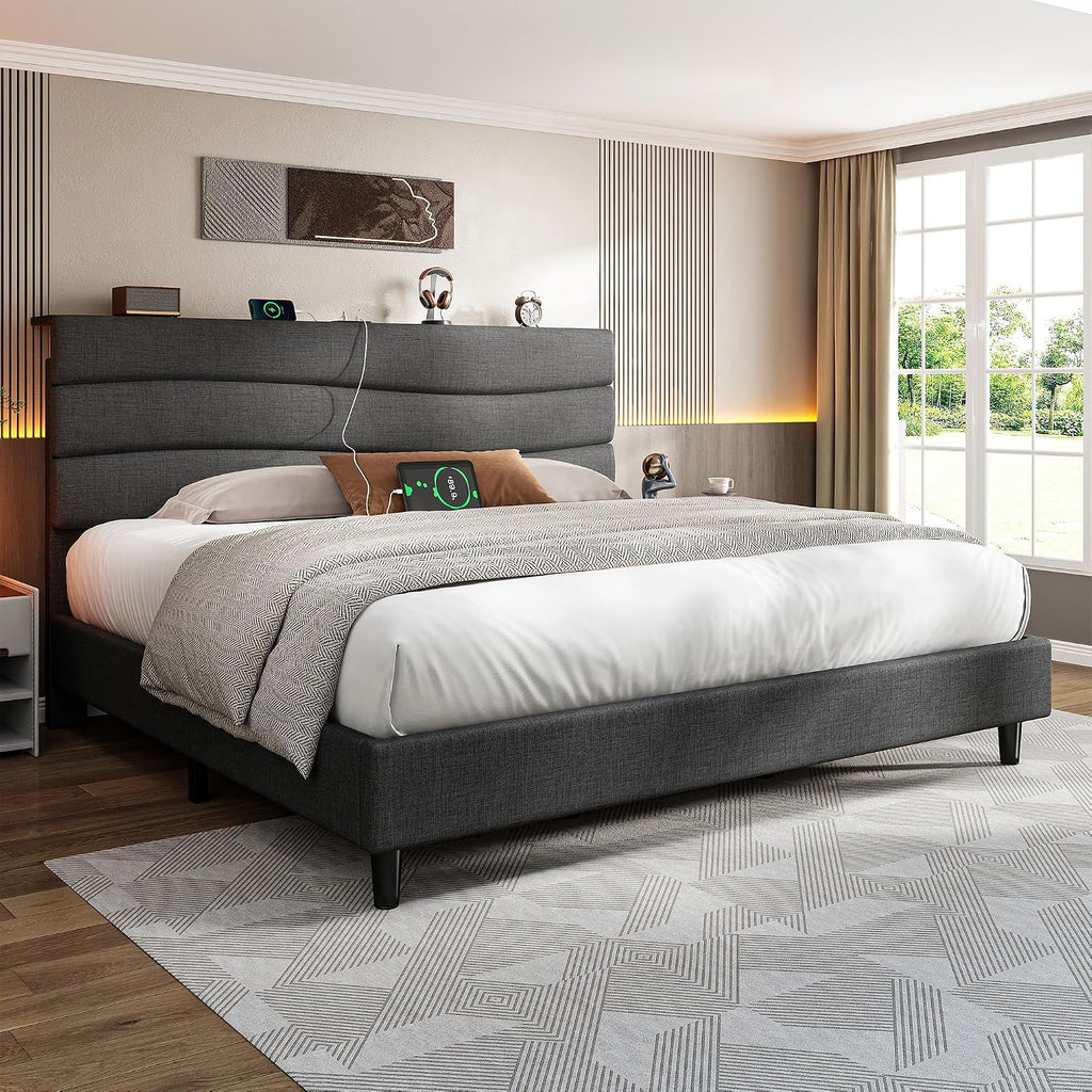 EnHomee King Bed Frame with Adjustable Height Upholstered Headboard, 3 USB Charging Ports, Noise-Free Platform Bed, No Box Spring Needed, Grey