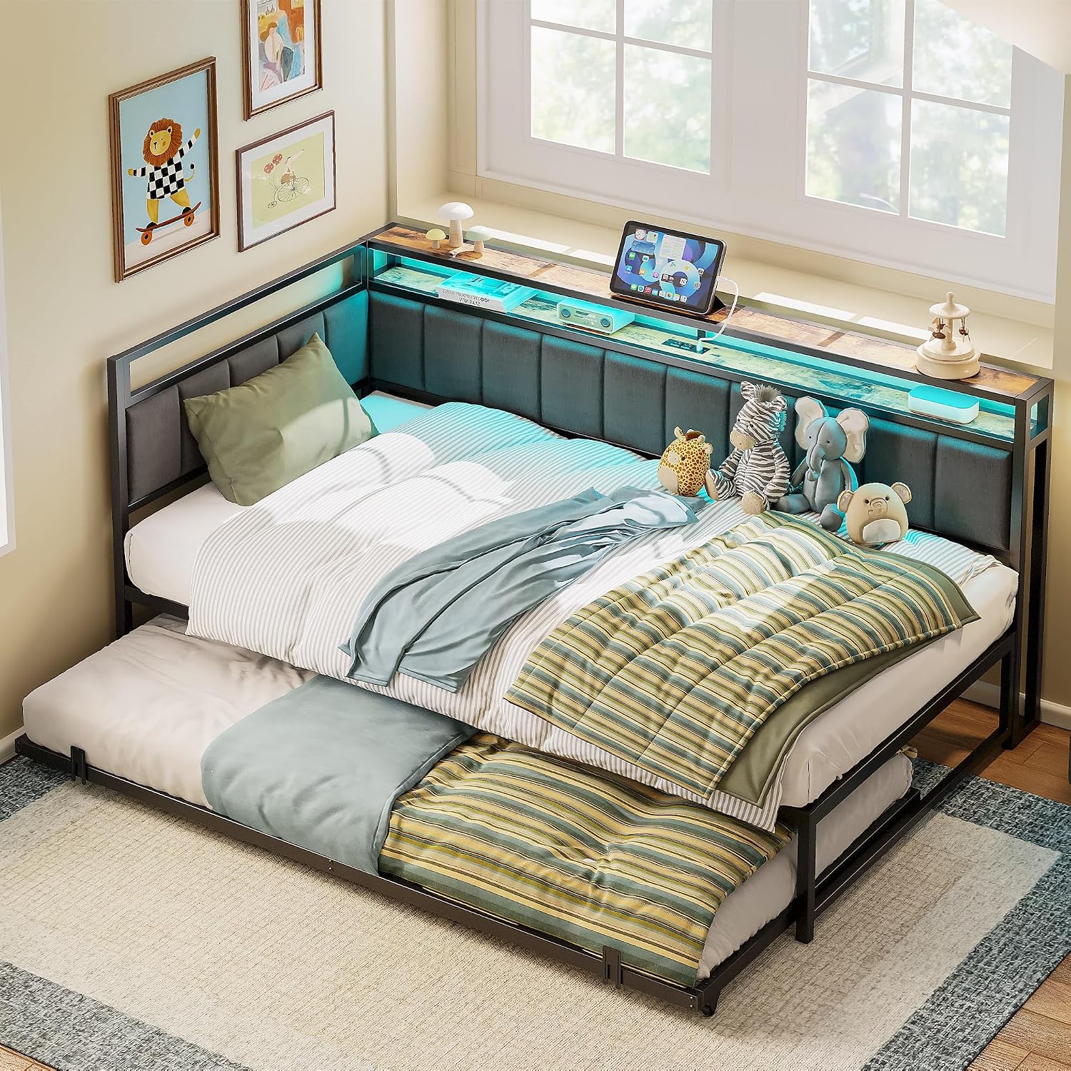 LIKIMIO Corner Twin Bed Frame with Trundle, Upholstered Storage Headboard & LED Lights, Twin Size Daybed with Charging Station, Sturdy Platform Metal Frame for Living Room, Bedroom, Guest Room, Gray