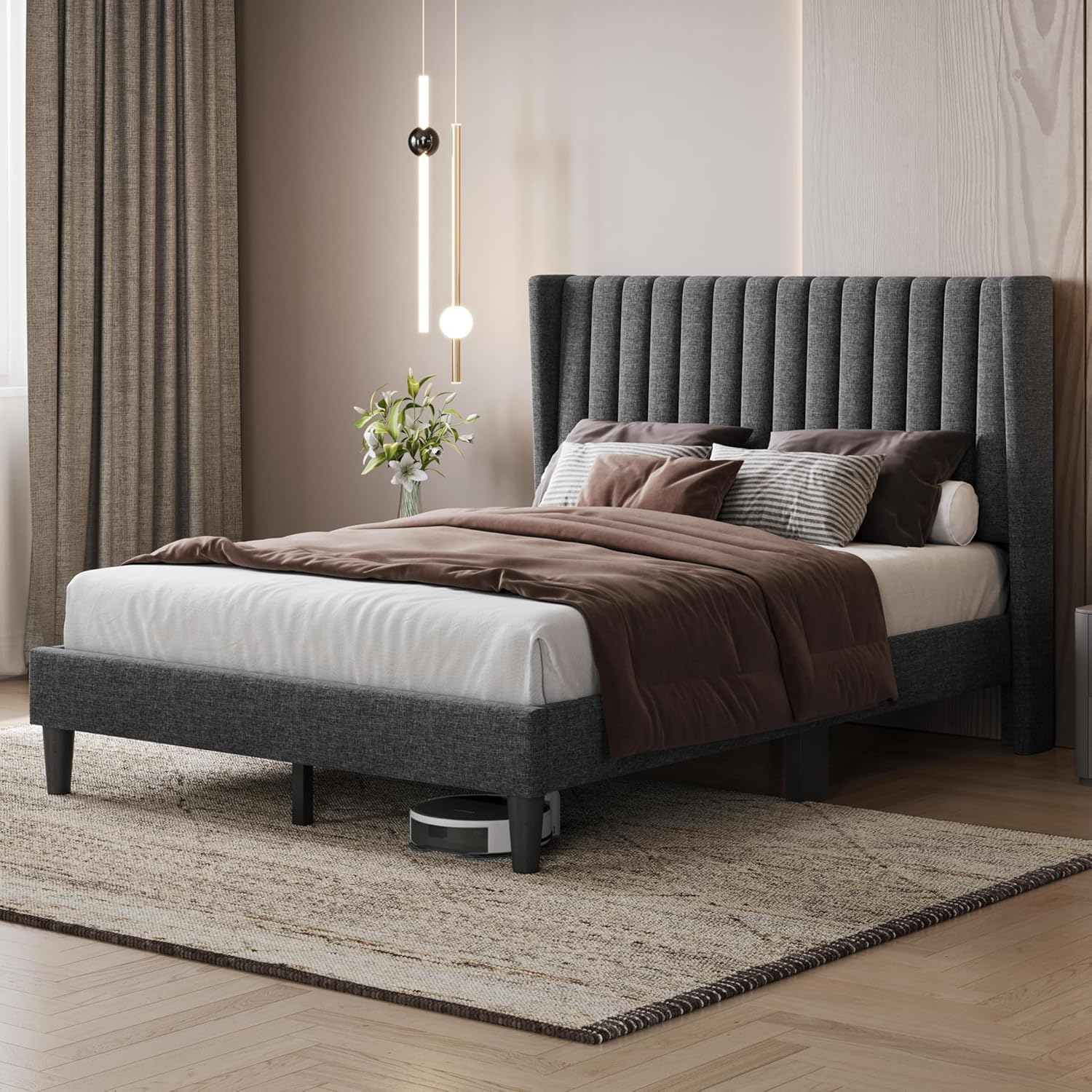 Yaheetech Full Bed Frame Upholstered Platform Bed with Fabric Headboard, Wing Edge Design/Non-Slip and Noise-Free/Wooden Slats Support/No Box Spring Needed/Easy Assembly, Dark Gray Full Bed