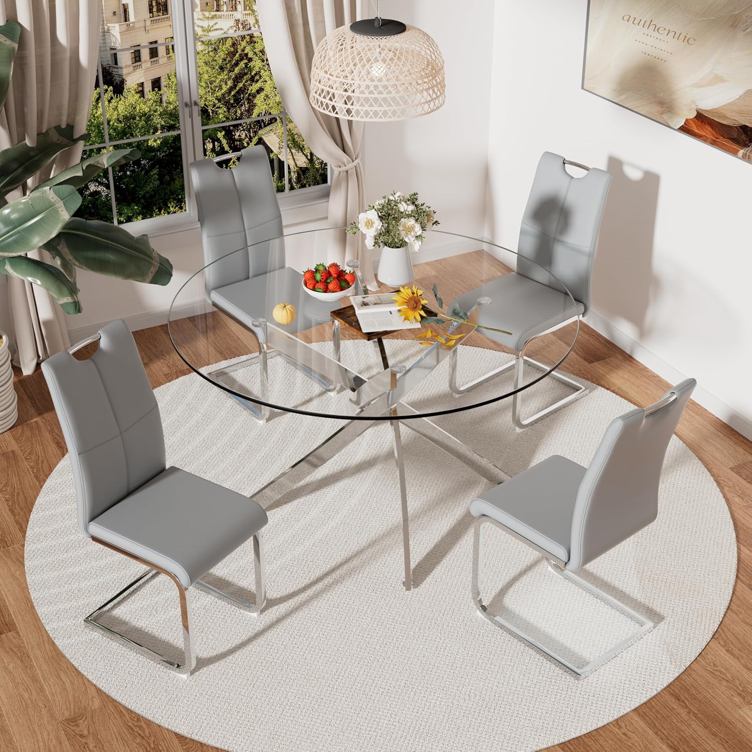 RGZ 5 Pieces Modern Round Kitchen Set, Clear Circle Glass Dining Table with Light Grey PU Faux Leather Chairs Set of 4, 47'' Large Luxury Circular Dinner Room Set, for Apartment Bedroom (Silver)