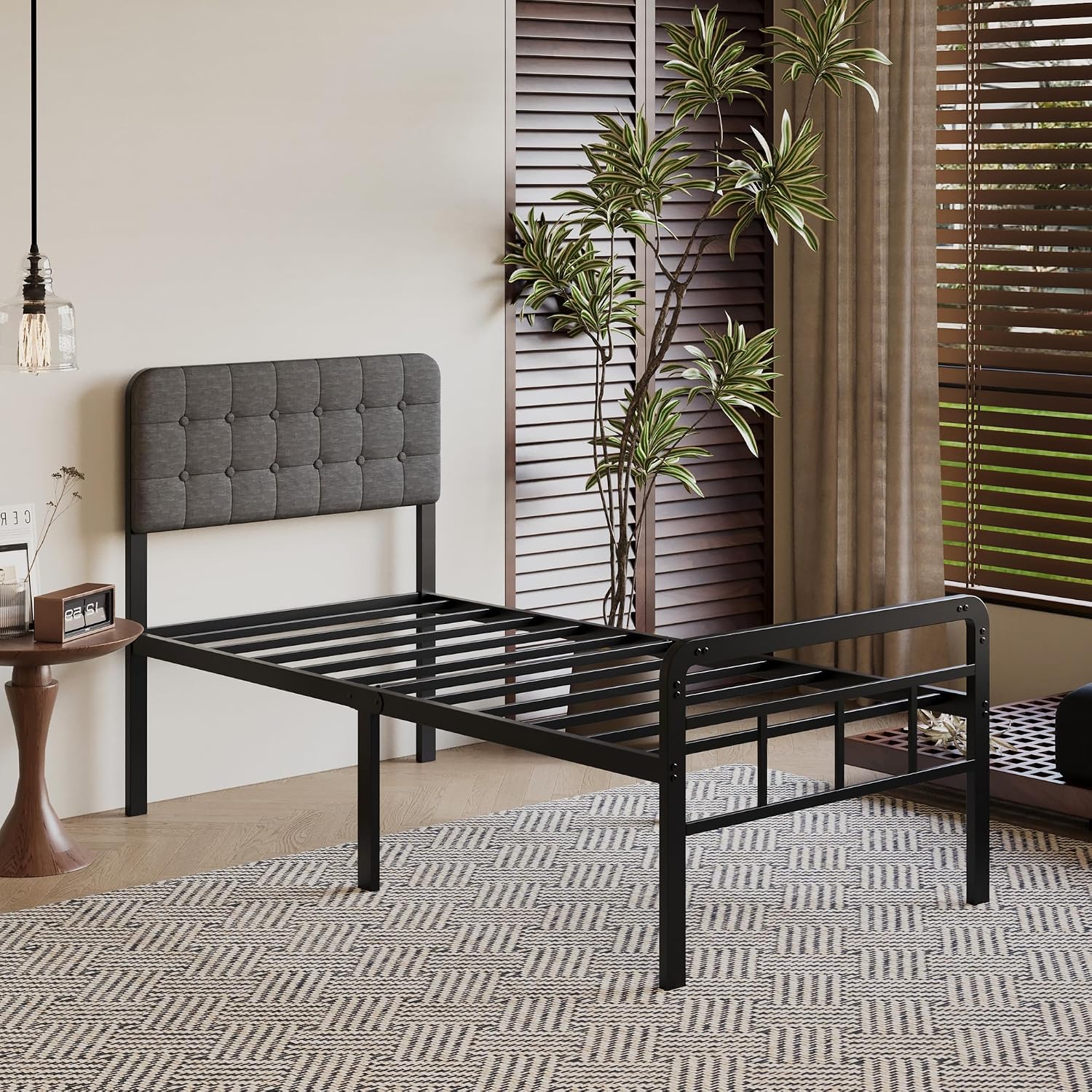 18 Inch Twin XL Bed Frame with Upholstered Headboard and Footboard, Heavy Duty Metal Slats, with Under Bed Storage, No Noise, No Box Spring Needed, Easy Assembly, Black