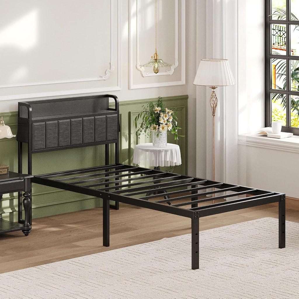 Lutown-Teen 16 Inch Twin Bed Frames with Upholstered Storage Headboard, Heavy Duty Twin Platform Bed No Box Spring Needed, Noise Free, Easy Assembly, Gray