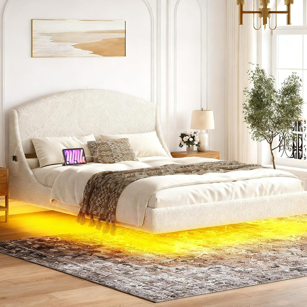 Ailisite Full Size Floating Bed Frame with LED Lights and Charging Port, Visual Floating LED Bed Frame with Curved Cloud Headboard, White Boucle Upholstered Platform Bed, Heavy Duty
