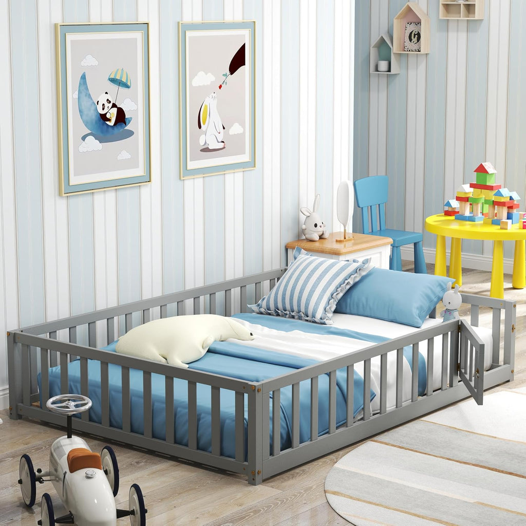 KOMFOTT Full Size Wood Floor Bed with Door & Fence, Montessori Bed Frame with Full Length Safety Guardrails, Slats Support, Door & Latch, Wooden Montessori Floor Bed, No Box Spring Needed (Grey)