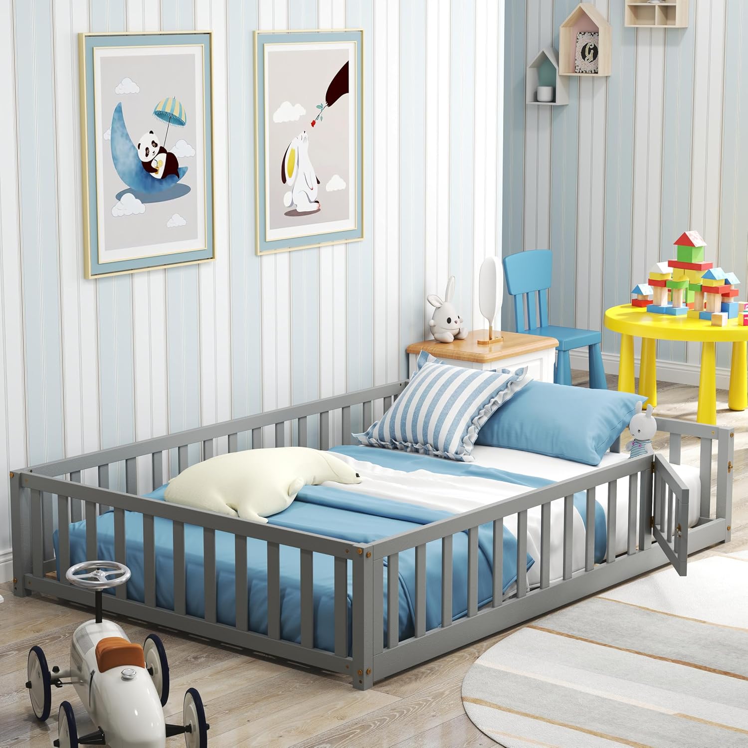 KOMFOTT Full Size Wood Floor Bed with Door & Fence, Montessori Bed Frame with Full Length Safety Guardrails, Slats Support, Door & Latch, Wooden Montessori Floor Bed, No Box Spring Needed (Grey)