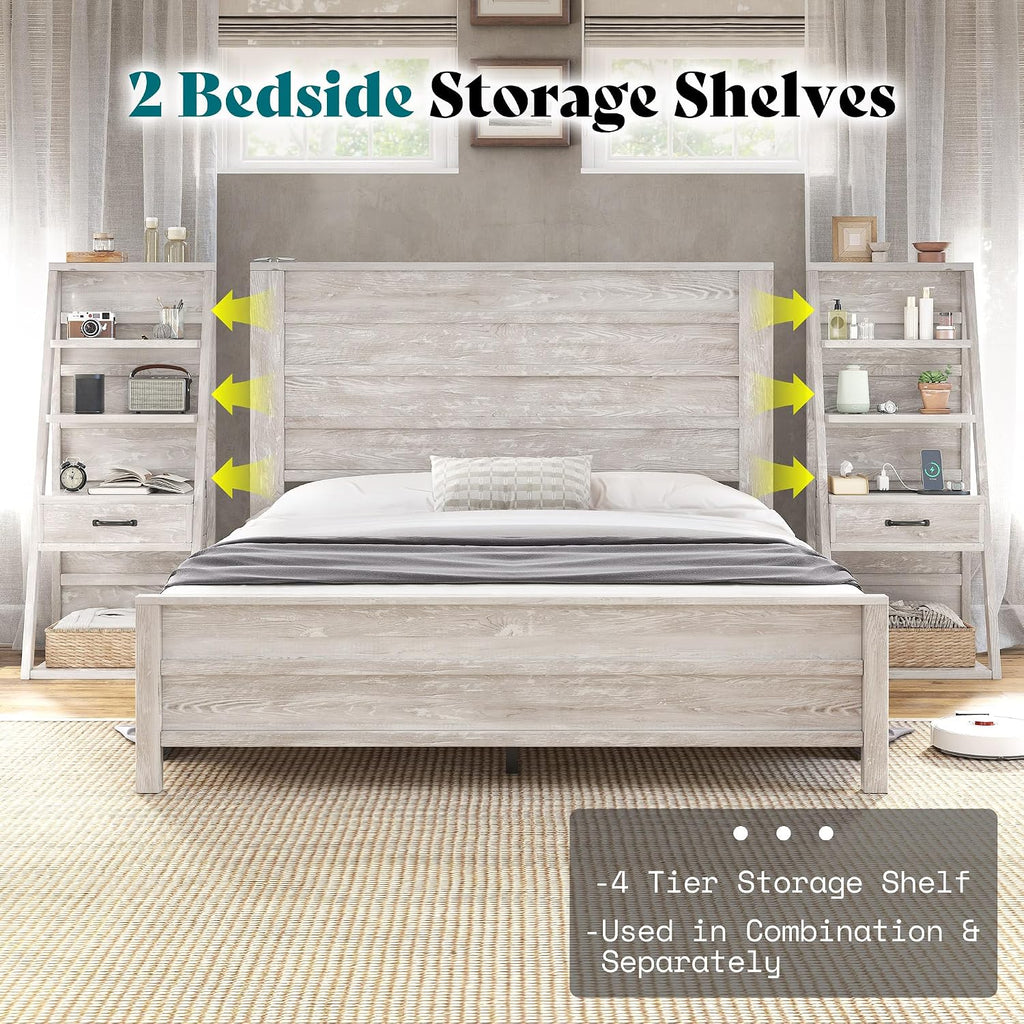 AMERLIFE Full Bed Frame with Wide Headboard and 4-Tier Bookshelves, Farmhouse Platform Bed with Charging Station & 2 Drawers, Noise-Free, No Box Spring Needed, Rustic White
