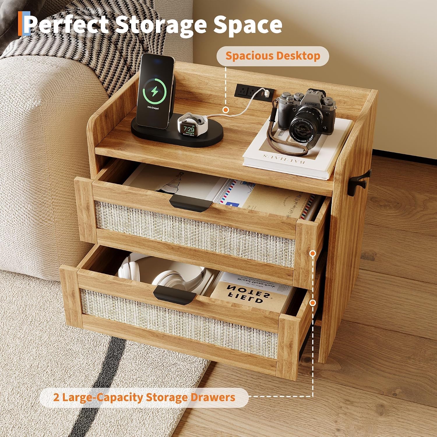 Rattan Nightstand Set of 2, Bedside Table, Modern Night Stand with Type-C Charging Station, 2 Drawer Storage Space, with Hook Included, Suitable for Bedroom, Office as a End Table, Side Tables
