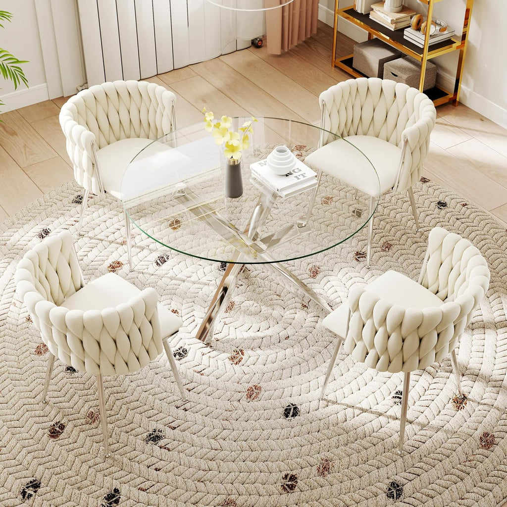 Silver Luxury Round Dining Table Set for 4, 39'' Modern Minimalist Circle Kitchen Table Set, 5 Pcs Small Clear Circular Glass Top Dinner Set, Ivory Woven Chairs Set, for Bedroom Breakfast Nook