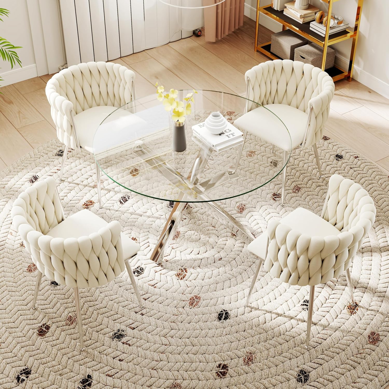 Silver Luxury Round Dining Table Set for 4, 39'' Modern Minimalist Circle Kitchen Table Set, 5 Pcs Small Clear Circular Glass Top Dinner Set, Ivory Woven Chairs Set, for Bedroom Breakfast Nook