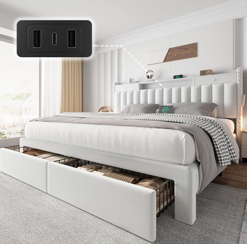 CypBed King Size Bed Frame with 4 Storage Drawers,Velvet Upholstered Platform King Bed Frame and Headboard, 3 USB & Type-C Charging Ports, Solid Wood Slats, No Box Spring Needed, No-Noise, White,Gifts