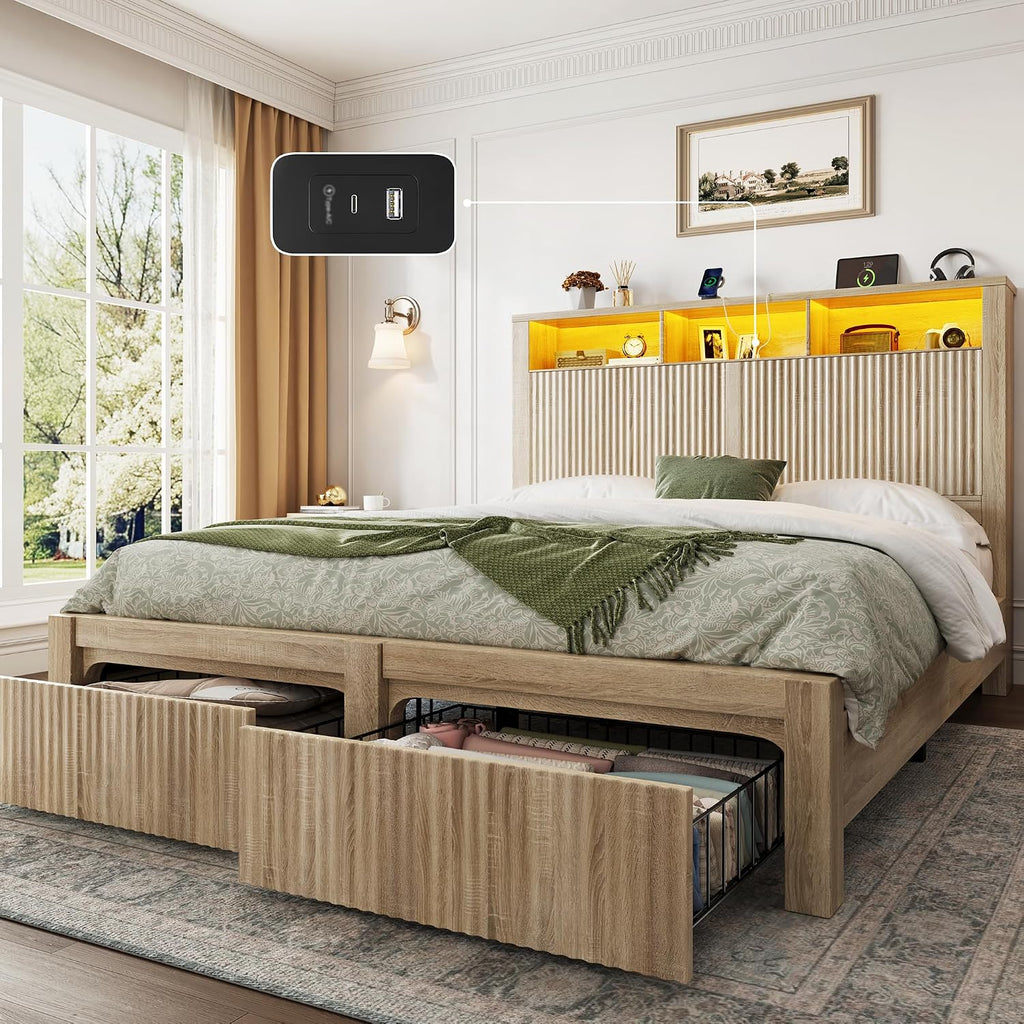 CypBed Full Size Bed Frame with Headboard and Storage Drawer, Full Bed Frame with LED Light and Charging Port, Farmhouse Wavy Wood Design, Wood & Metal Platform, Noise-Free, No Box Spring Needed