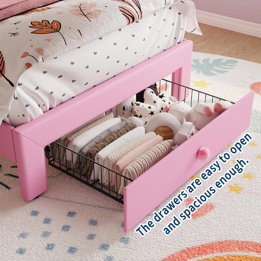 Garvee Twin Size Bed Frame with LED Lights & Velvet Crystal Button Headboard, Upholstered Princess/Girl Platform Bed with Storage Drawer, Noise Free, No Box Spring Needed for Kids, Teens, Pink