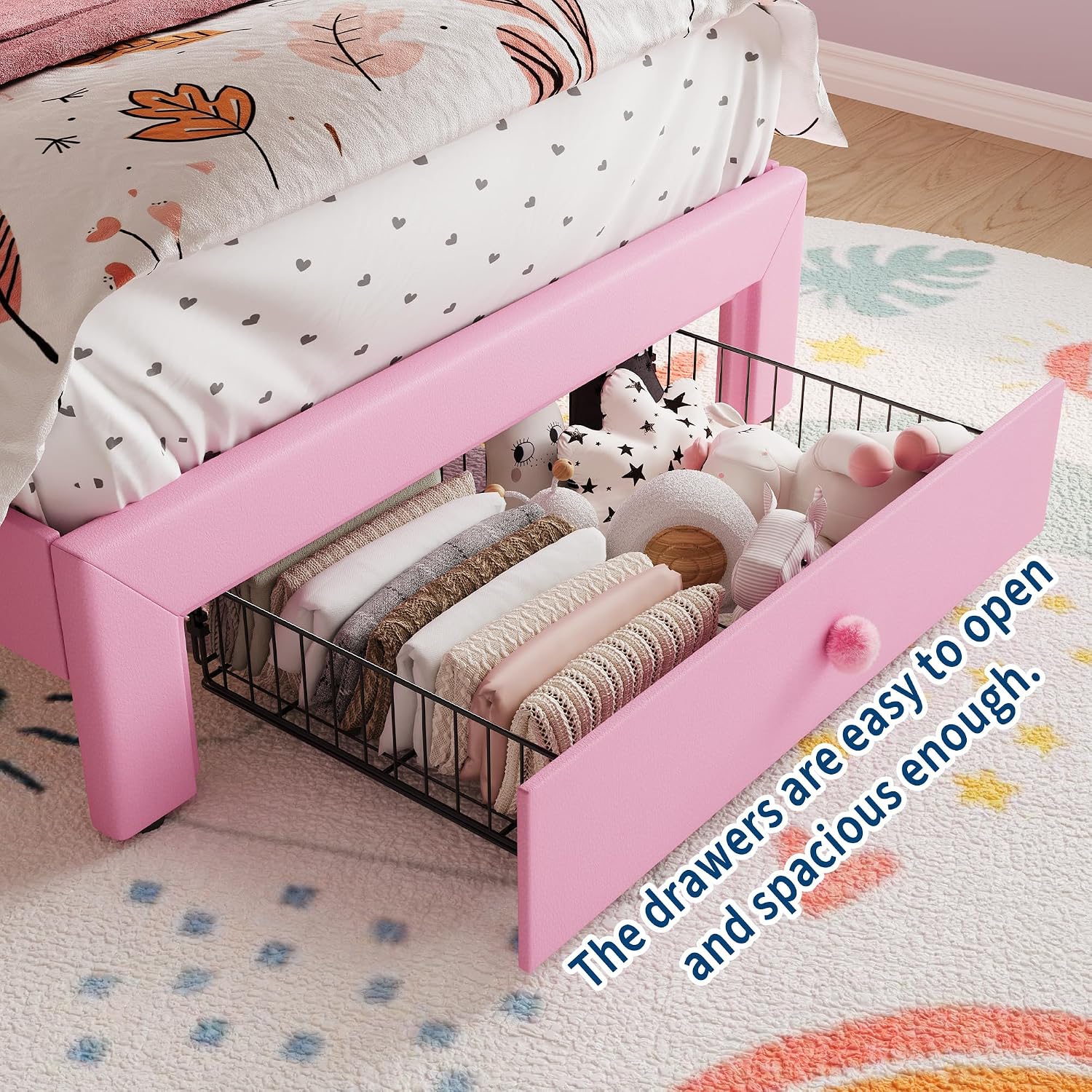 Garvee Twin Size Bed Frame with LED Lights & Velvet Crystal Button Headboard, Upholstered Princess/Girl Platform Bed with Storage Drawer, Noise Free, No Box Spring Needed for Kids, Teens, Pink