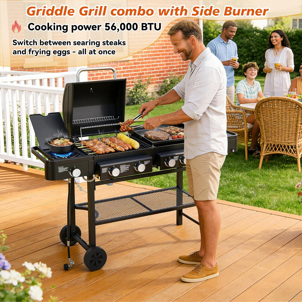 6-Burner Propane Gas Grill with Griddle Combo, 56,000 BTU Outdoor BBQ Grill with Side Burner, 745 Sq.In Total Cooking Area, Enamel-Coated Grates, Heavy-Duty Stand for Backyard Patio