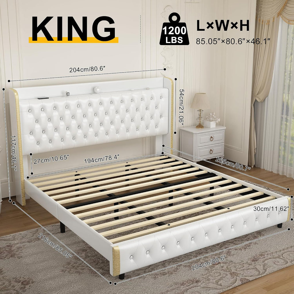 GEGOFORU King Led Bed Frame with Galaxy Projector, Modern Wingback Upholstered Platform, Sturdy Noiseless Design, Headboard with Star Accents, Simple Assembly Required，No Box Spring Needed, PU White