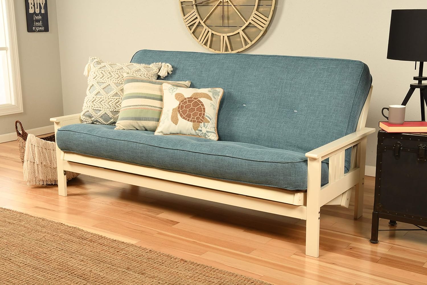Kodiak Furniture Monterey Futon Set, No Drawers, with Antique White Base and Linen Aqua Mattress