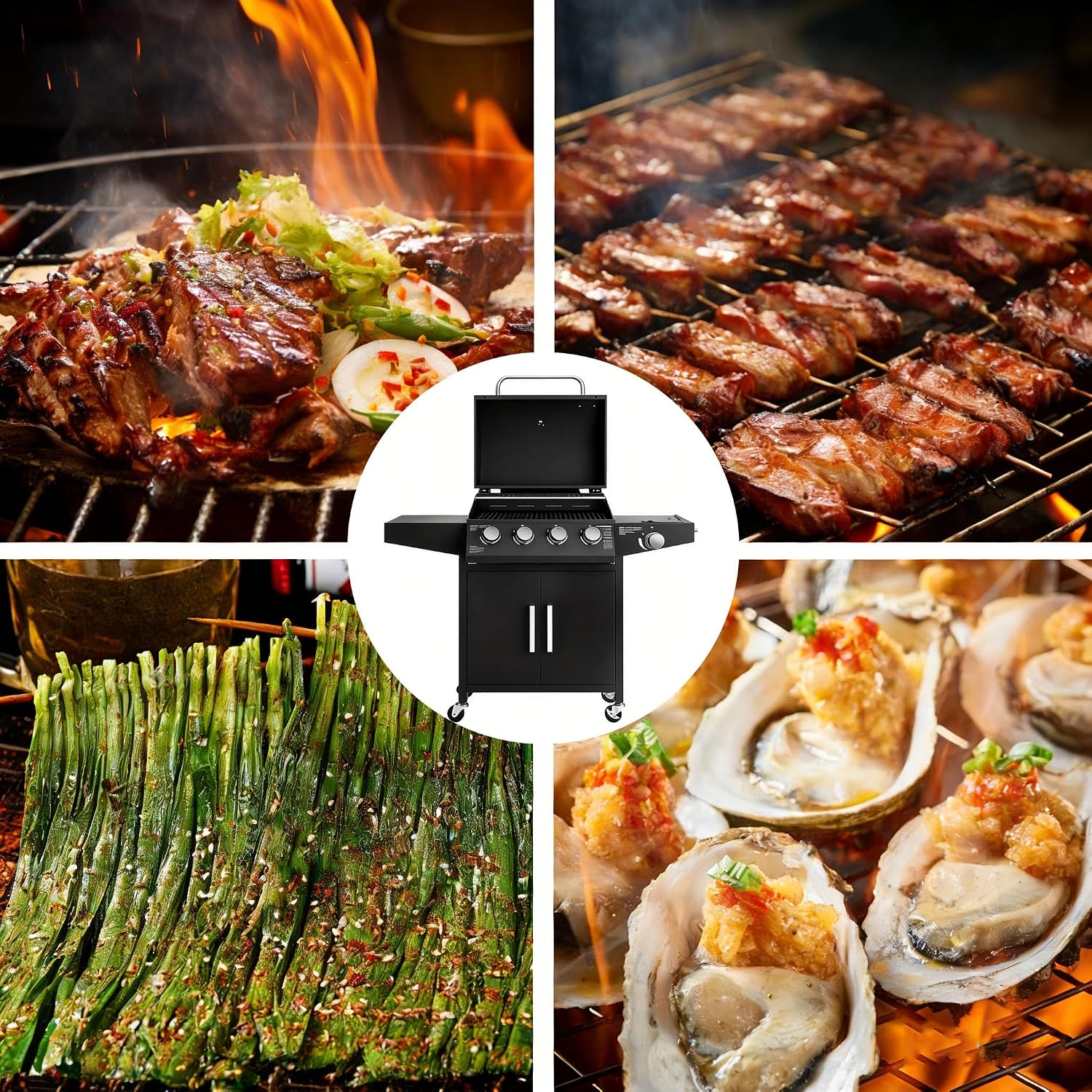 Propane Barbecue Grill with Side Burner and 4 Main Burners,Stainless Steel Barbecue Grill with Wheels and Storage,Griddle Grill Combo for Outdoor Cooking and Patio Barbecues