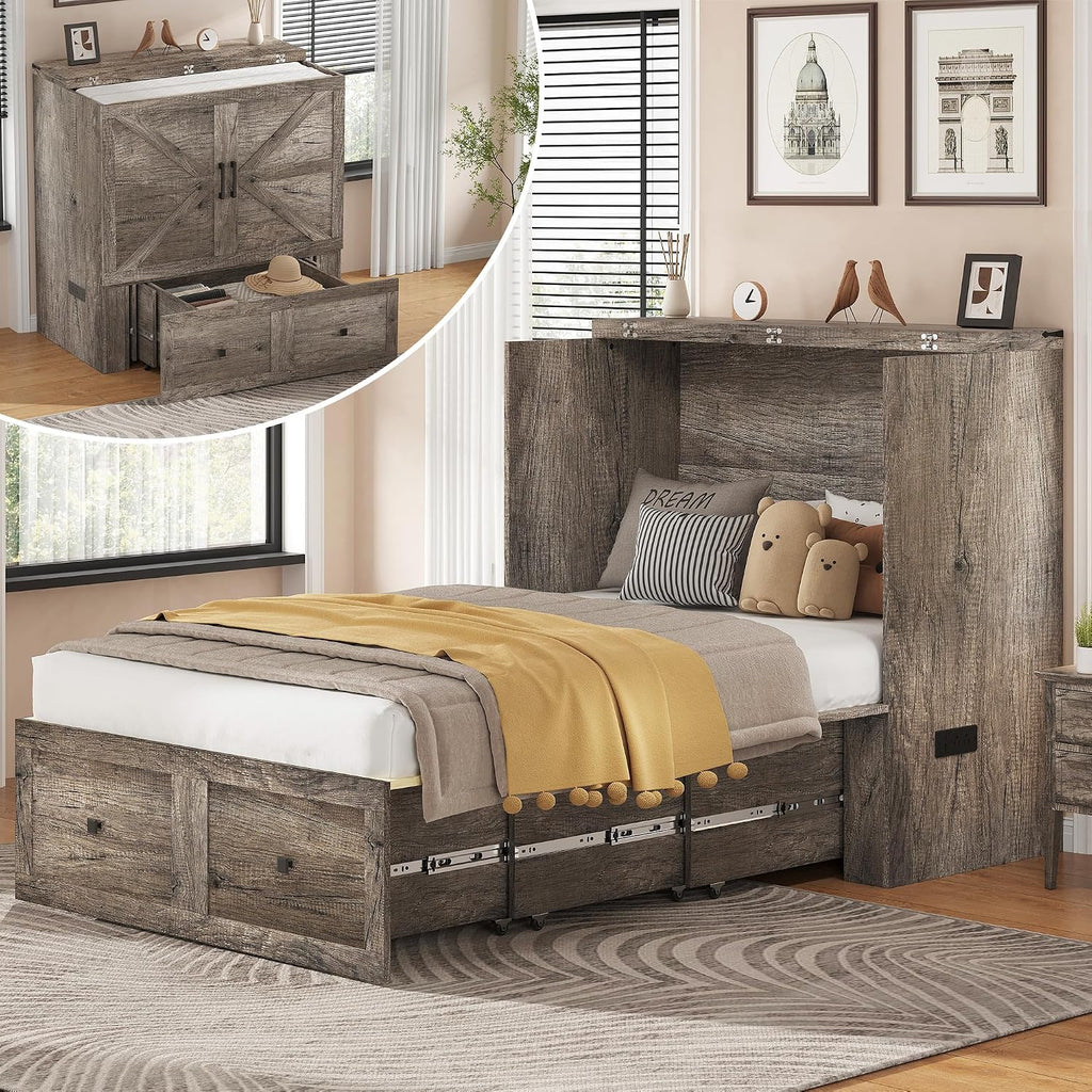 AMERLIFE Twin Murphy Bed Cabinet with Charging Station and Storage Drawer, Farmhouse Foldable Platform Bed for Home Office, Apartment, Small Spaces, Rustic Grey