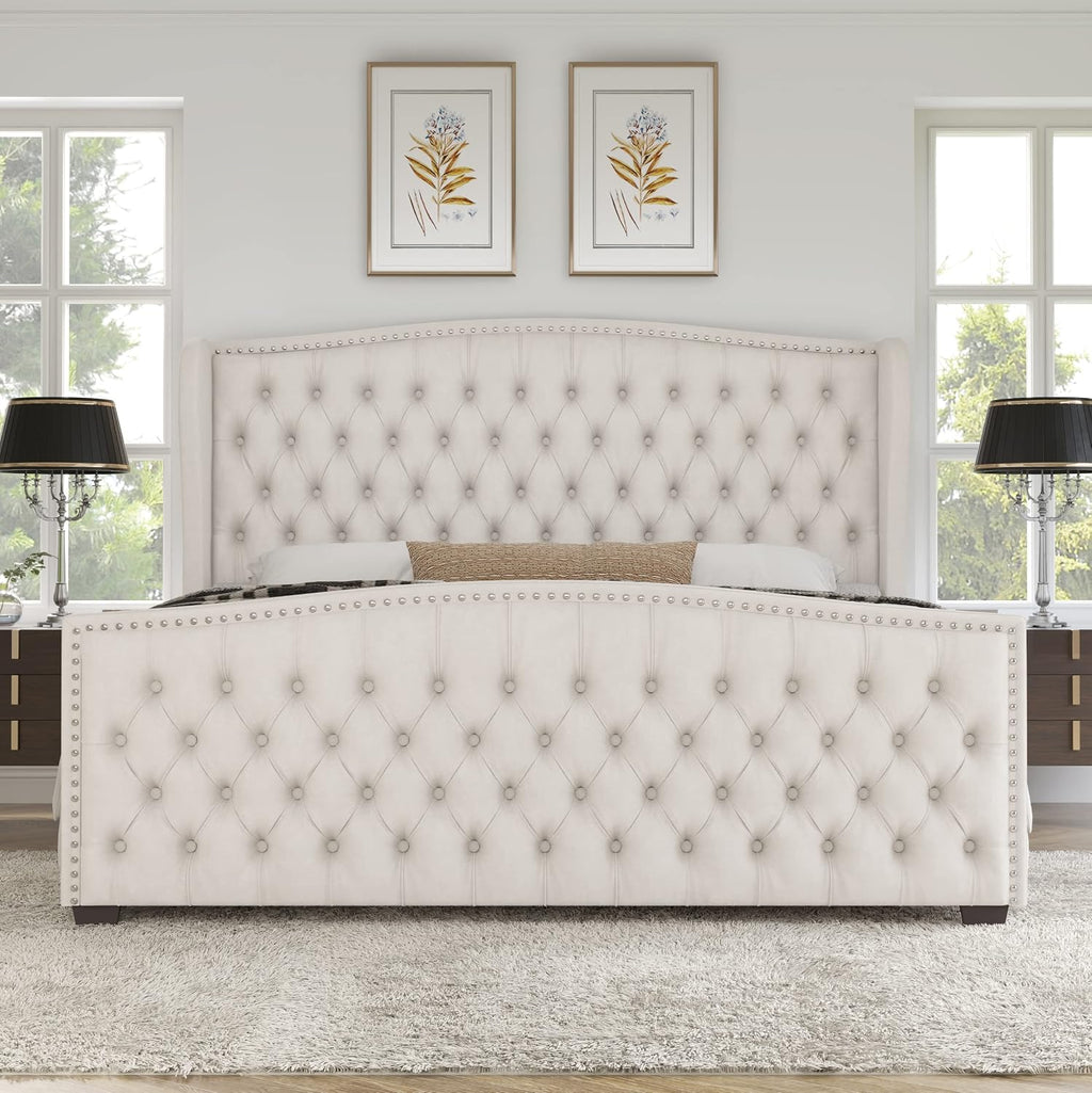 AMERLIFE King Size Platform Bed Frame, Velvet Upholstered Bed with Deep Button Tufted & Nailhead Trim Wingback Headboard/No Box Spring Required/Cream