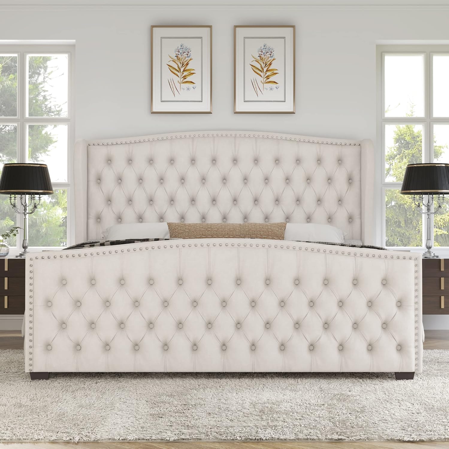 AMERLIFE King Size Platform Bed Frame, Velvet Upholstered Bed with Deep Button Tufted & Nailhead Trim Wingback Headboard/No Box Spring Required/Cream
