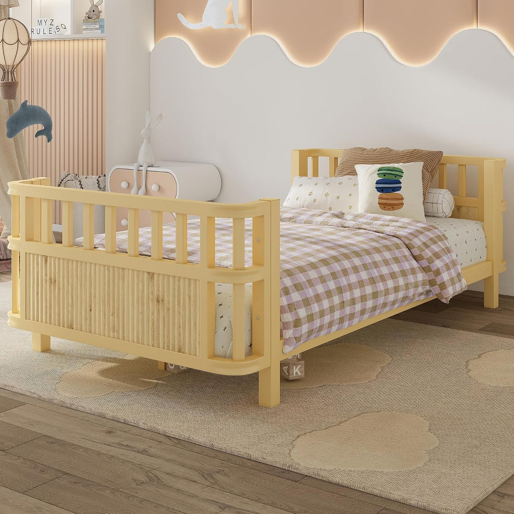 Harper & Bright Designs Twin Size Daybed with Guardrails, Kids Platform Bed with Detachable Safety Rails and Rounded Corners, Modern Iron Low Profile Platform Bed for Kids, Girls and Boys, Natural