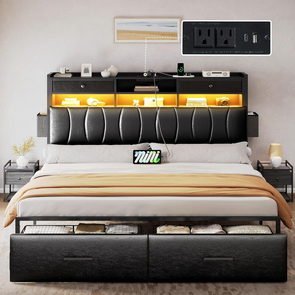 YITAHOME King Size with 2 Storage Drawers and Charging Station, Upholstered Bed with Storage Headboard and LED Light, Heavy Duty Metal Frame Support, No Box Spring Needed, Noise Free, PU Leather Black