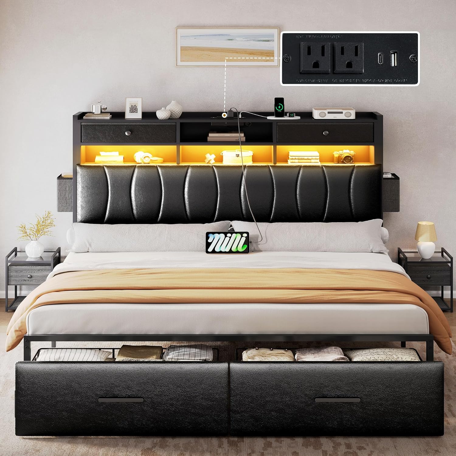 YITAHOME King Size with 2 Storage Drawers and Charging Station, Upholstered Bed with Storage Headboard and LED Light, Heavy Duty Metal Frame Support, No Box Spring Needed, Noise Free, PU Leather Black