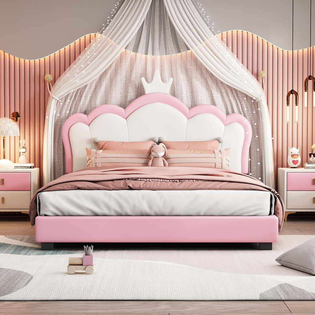 Full Size Princess Bed Frame with Crown Shaped Headboard for Kids,Upholstered Platform Bed with Slats Support,Pink Girls Bed,Full Bed for Girls Teens,Pink
