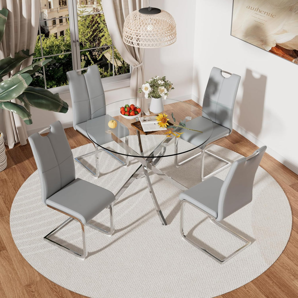 RGZ 5 Pieces Modern Round Kitchen Set, Clear Circle Glass Dining Table with Light Grey PU Faux Leather Chairs Set of 4, 36'' Small Luxury Circular Dinner Room Set, for Apartment Leisure (Silver)