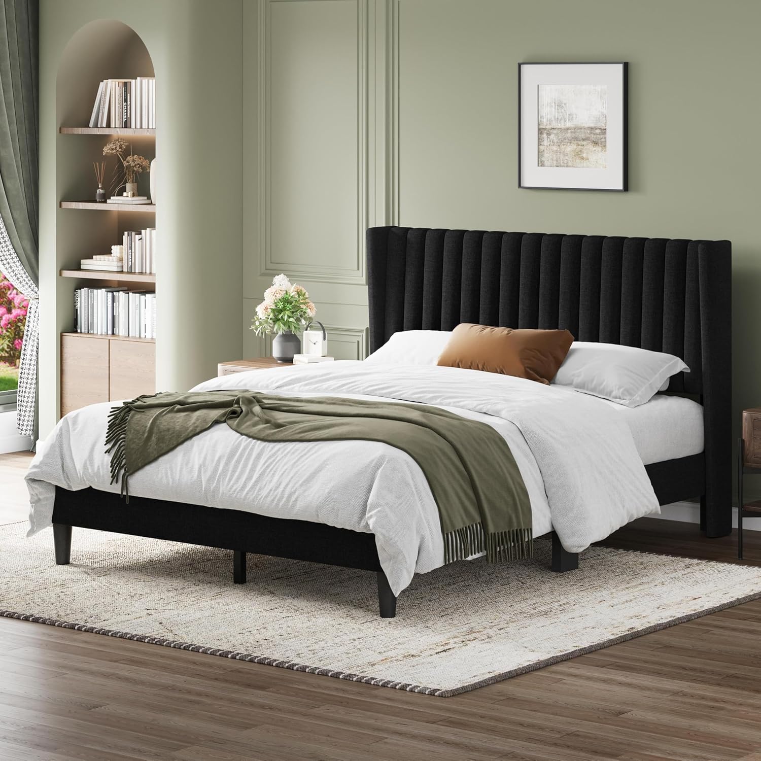 Yaheetech Queen Bed Frame Upholstered Platform Bed with Fabric Headboard, Wing Edge Design/Non-Slip and Noise-Free/Wooden Slats Support/No Box Spring Needed/Easy Assembly, Black Queen Bed