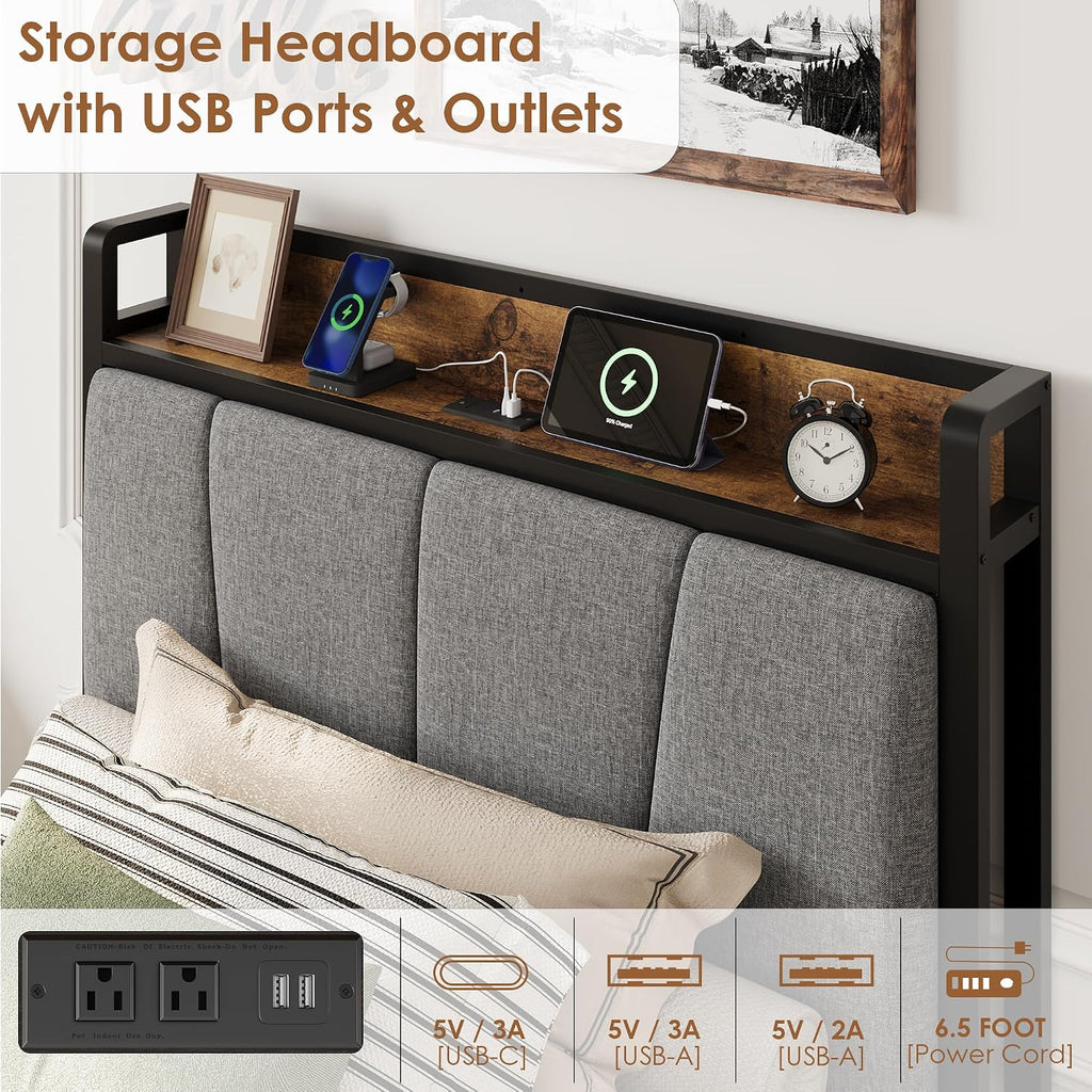 Twin-XL Size Bed Frame with 2 Storage Drawers and Charging Station, Rustic Linen Upholstered Platform Bedframe with Storage Headboard, Heavy Duty, No Box Spring Needed, Easy Assembly, Noise Free