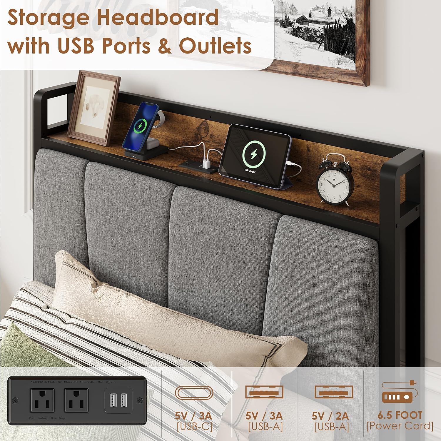 Twin-XL Size Bed Frame with 2 Storage Drawers and Charging Station, Rustic Linen Upholstered Platform Bedframe with Storage Headboard, Heavy Duty, No Box Spring Needed, Easy Assembly, Noise Free