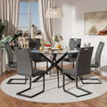 RGZ Modern Round Kitchen Table Set for 6, 47'' Clear Minimalist Glass Circular Top Dining Table Set, 7 PCS Luxury Circular Dinner Set with Dark Grey PU Faux Leather Chairs, for Large Place (Black)