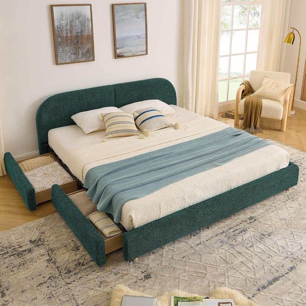 King Size Floor Bed Frame with 4 Wheeled Storage Drawer and Tall Curved Headboard, Modern Minimalist Style Upholstered Platform Bed Frame, Wooden Slats Support, Easy Assembly, Green