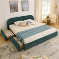 King Size Floor Bed Frame with 4 Wheeled Storage Drawer and Tall Curved Headboard, Modern Minimalist Style Upholstered Platform Bed Frame, Wooden Slats Support, Easy Assembly, Green
