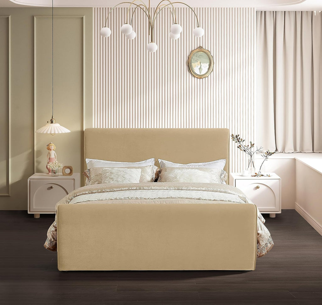 Meridian Furniture SloanCamel-F Sloan Collection Modern | Contemporary Velvet Upholstered Full Bed with Rich Soft Camel Velvet, Curved Headboard and Footboard, 59.5' W x 92' D x 45' H, Camel, Full