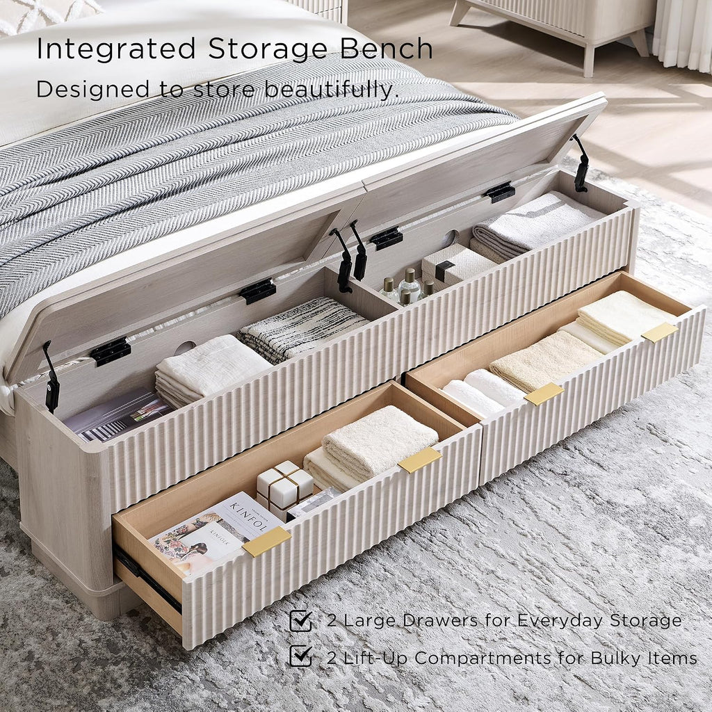 T4TREAM Fluted Queen Size Bed Frame with Wingback Headboard, Footboard Storage Bench with Built-in Drawers & Lift-Up Compartments, Wood & Steel Platform Bed, No Box Spring Needed, White Alder