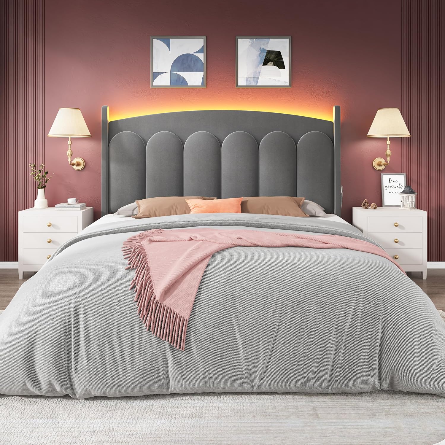 CypBed Full Size Bed Frame with Headboard LED Lights, Velvet Upholstered Full Size Bed, Adjustable Platform Full Bed, Sturdy Wooden Slats Support,No Box Spring Needed/Easy Assembly/Grey,Gifts