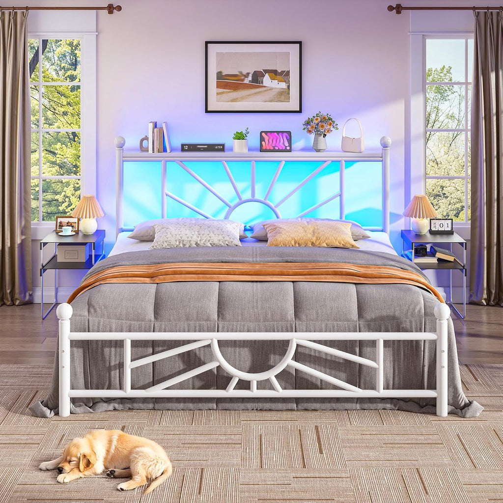 Homkdom 14 inch Full Size Metal Platform Bed Frame with Headboard, Victorian Full Size Bed Frame with Strong Metal Slats, No Box Spring Needed, Noise-Free, Easy Assembly, Suitable for Bedrooms, White