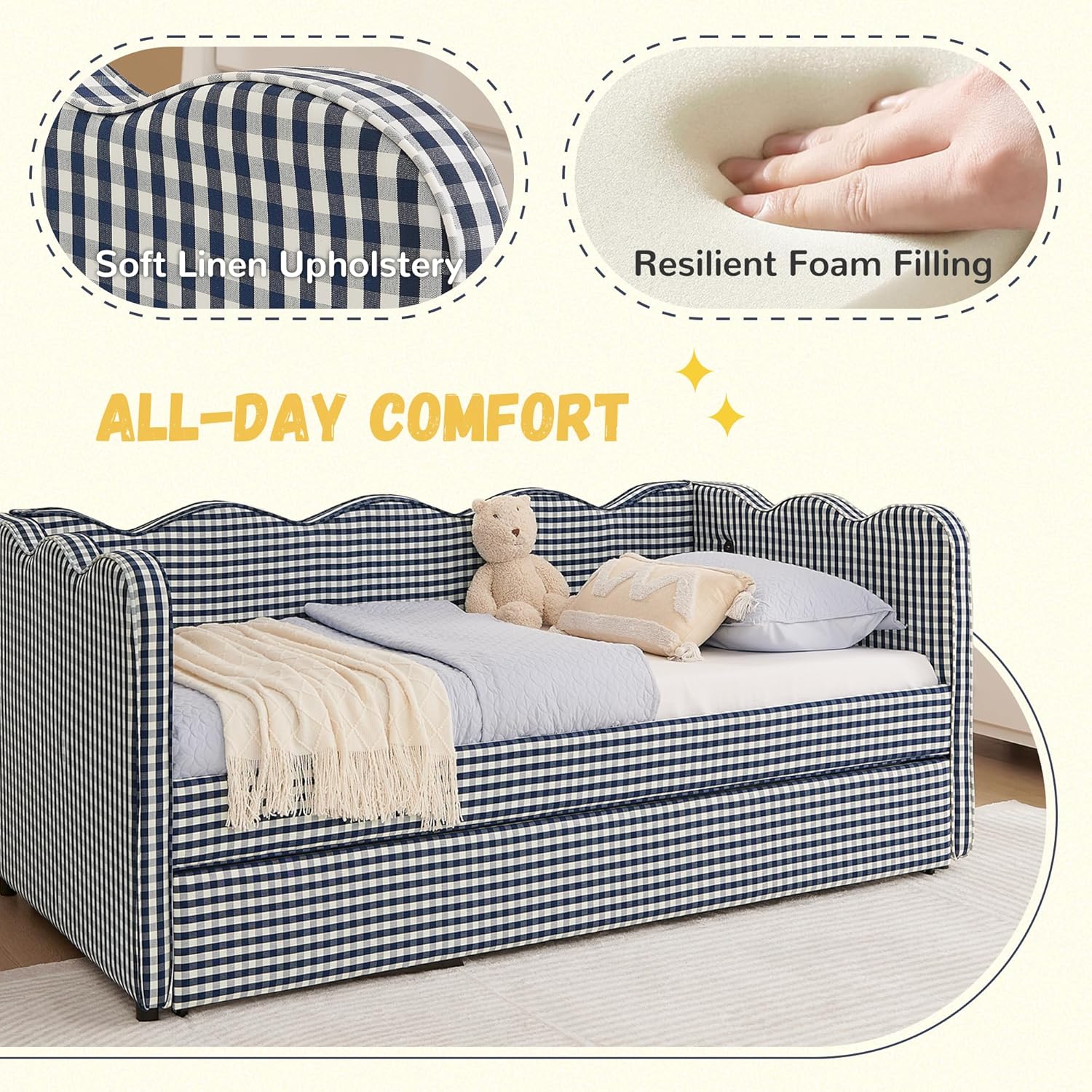 DEINPPA Twin Size Upholstered Daybed with Trundle, Gingham Daybed with USB Ports for Bedroom Living Room Guest Room-Navy