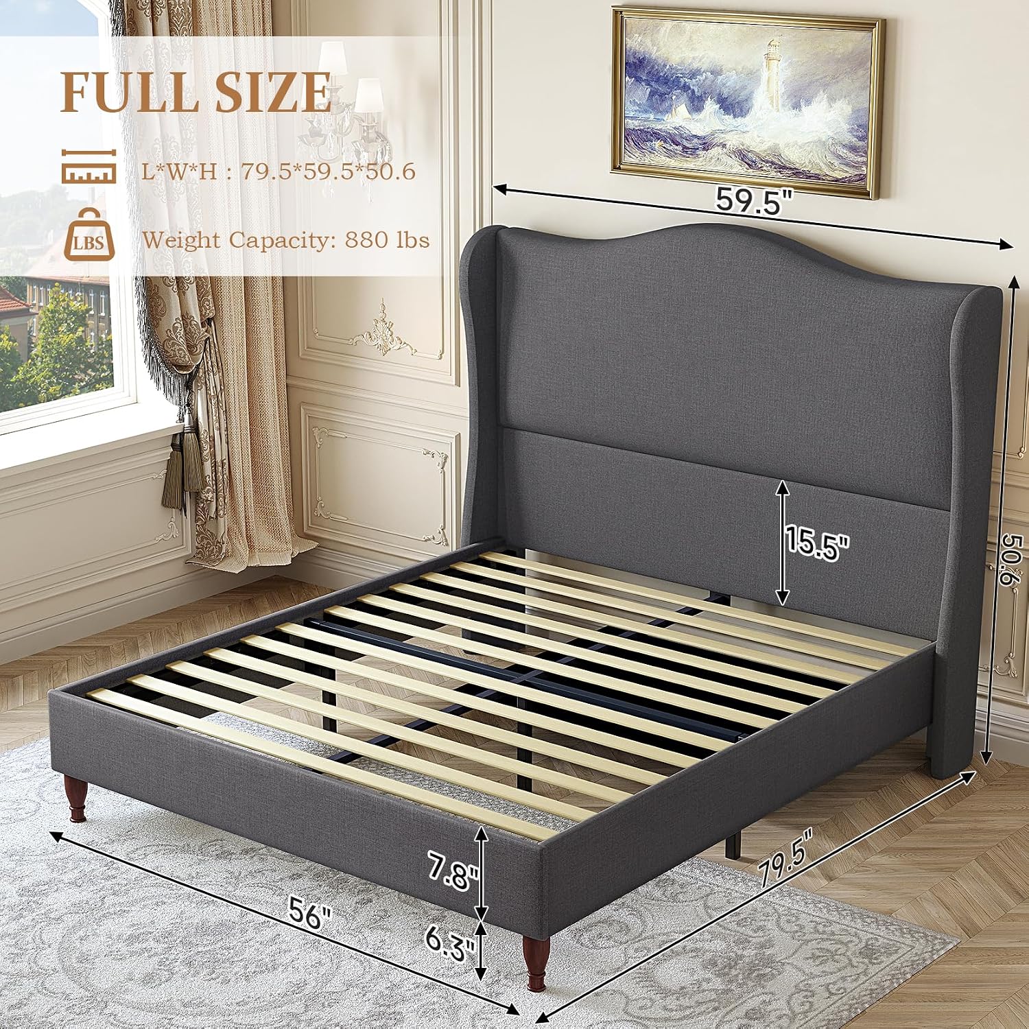 koorlian Full Size Bed Frame Upholstered Platform Bed with 51' Tall Headboard Wingback, Soft Fabric, Retro Simple Style Platform Bed No Box Spring Needed, Easy Assembly, Grey