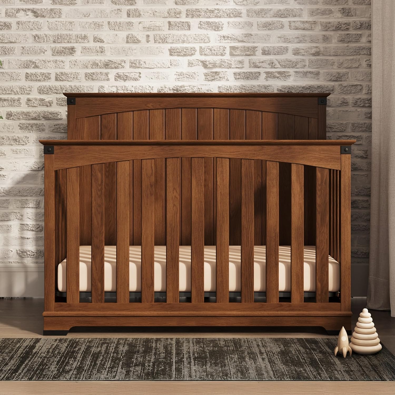 Child Craft Redmond Design 4-in-1 Convertible Baby Crib Nursery Furniture Set - Baby Bed, Dresser, Changing Table Topper and Chest Drawer for Babies, Toddlers and Kids (4 Piece - Coach Cherry)