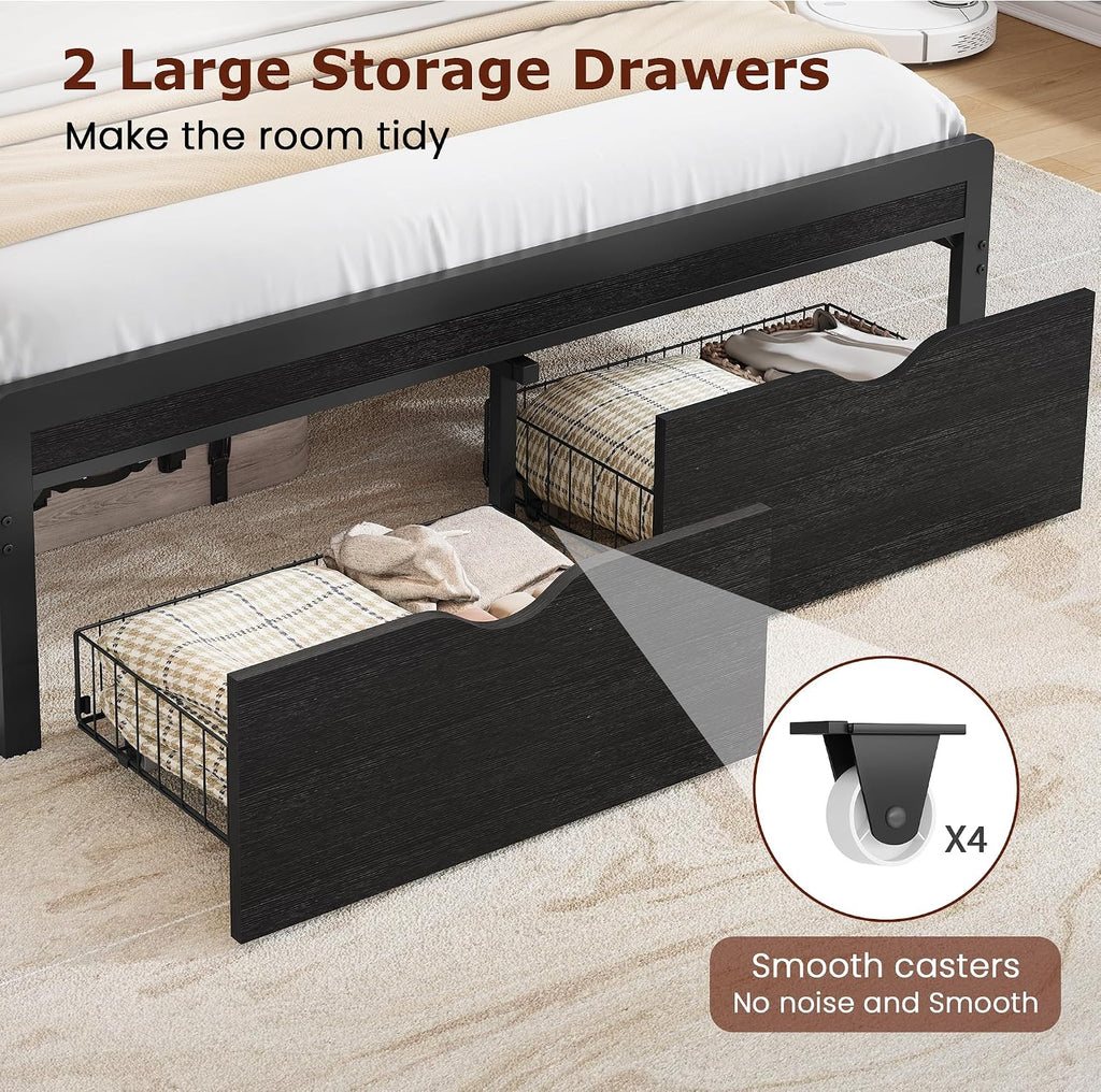 FAVOOSTY Full Size Metal Platform Bed Frame with 2-Tier Headboard, 2 Storage Drawers, LED Lights and Charging Station, Noise Free, No Box Spring Needed, Easy Assembly, Black