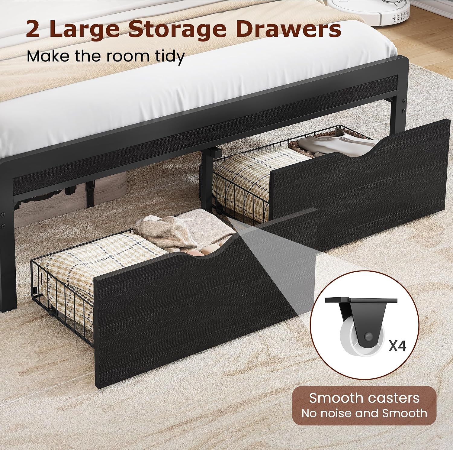 FAVOOSTY Queen Bed Frame with 2-Tier Headboard, Metal Platform with 2 Storage Drawers, LED Lights and Charging Station, Noise Free, No Box Spring Needed, Easy Assembly, Black