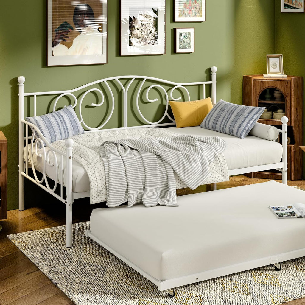 VECELO Metal Daybed Frame Multifunctional Platform Bed Sofa Mattress Foundation with Deluxe Headboard, Twin, White