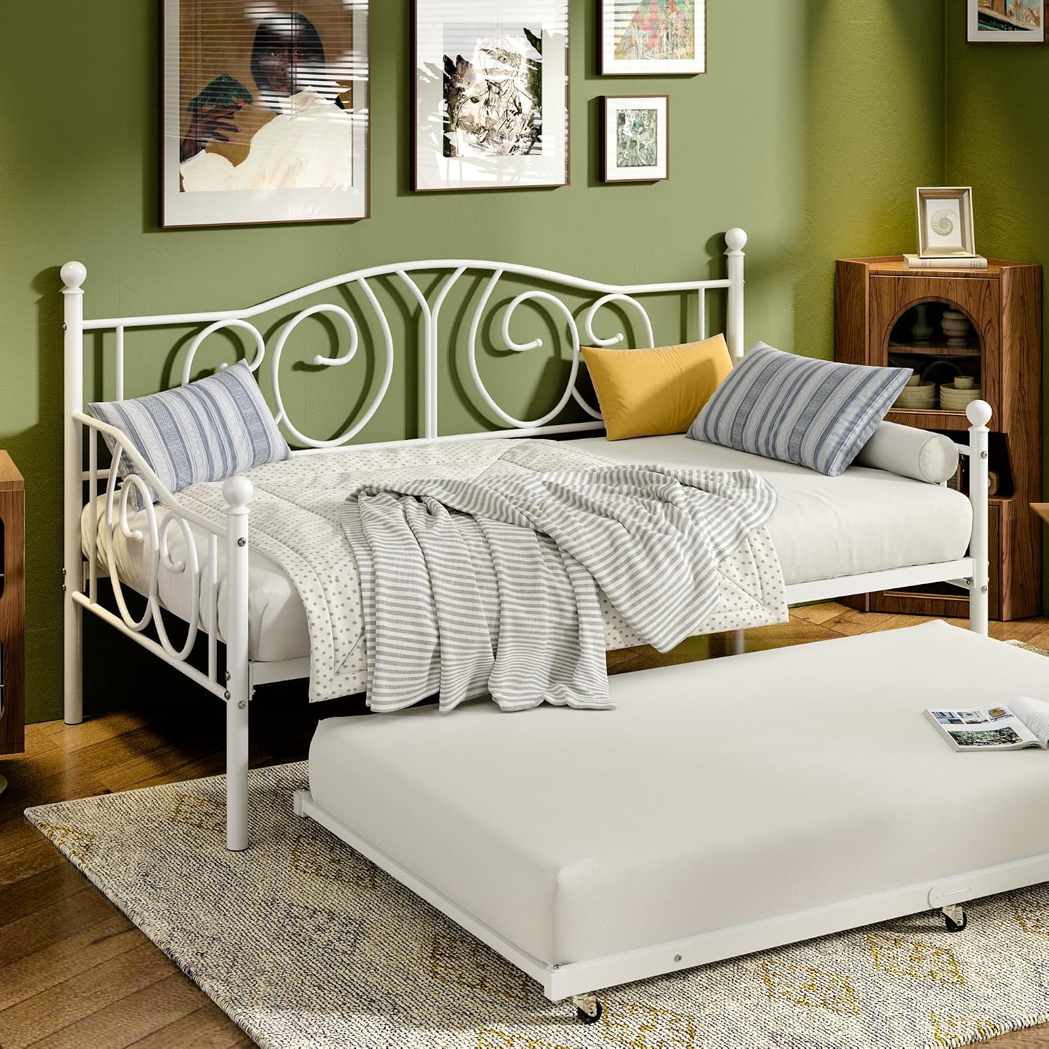 VECELO Metal Daybed Frame Multifunctional Platform Bed Sofa Mattress Foundation with Deluxe Headboard, Twin, White