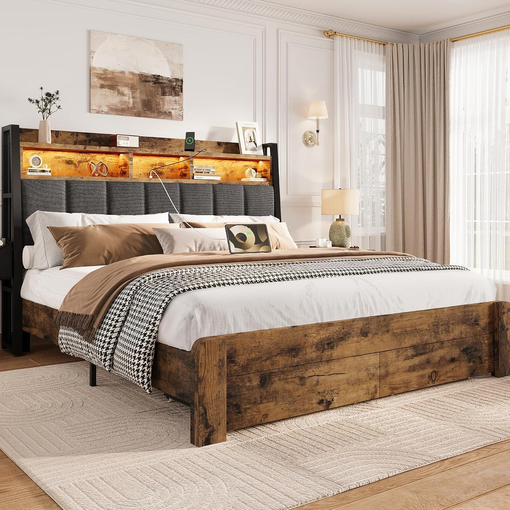 BRELTAM King Size Bed Frame with 2 Storage Drawers, Wood Platform Bed Frame with 2-Tier Storage Headboard Built in Charging Station & LED Light,Noise-Free/Metal Support/No Box Spring Needed,Brown